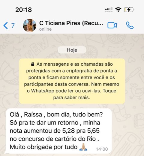 Mensagem de candidata contando que a nota subiu de 5,28 para 5,65 no concurso de cartório do Rio de Janeiro