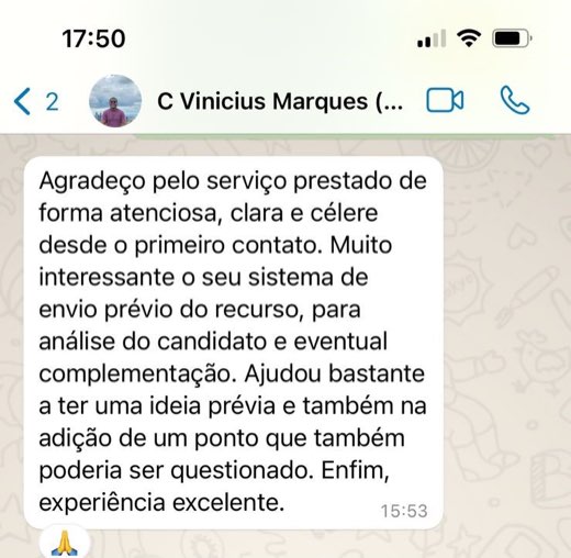 Mensagem de candidato sobre receber o recurso para conferência antes do protocolo